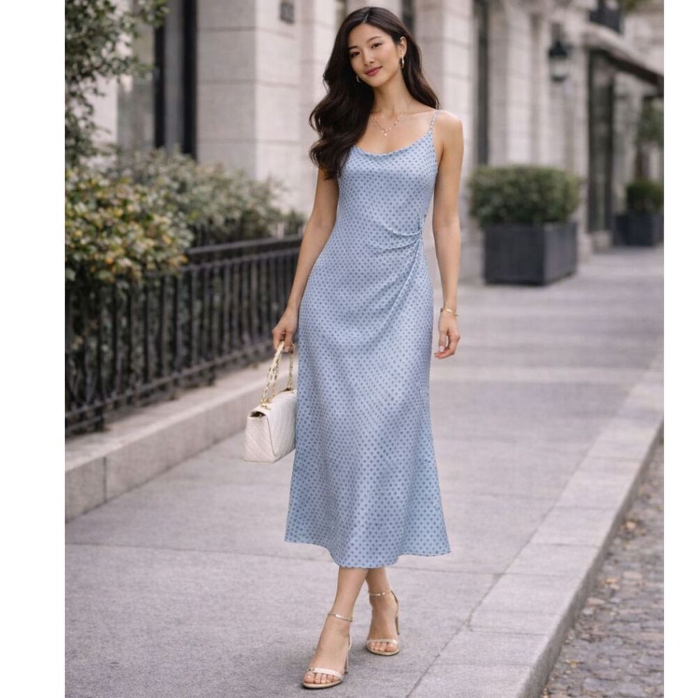 The Westside Silk Blend Polka Dot Dress Medium Blue Slip Midi